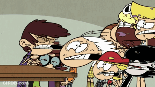 Cartoon Characters Standing Around Table GIF