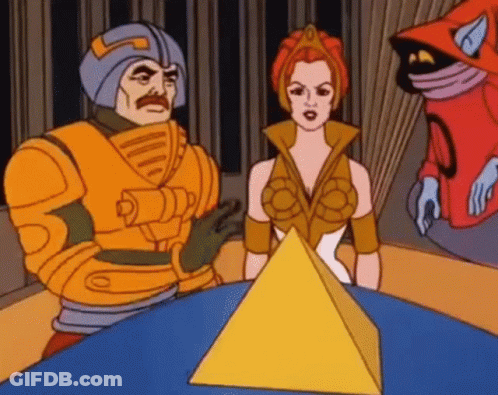 Cartoon Characters Standing Around Table With Pyramid GIF