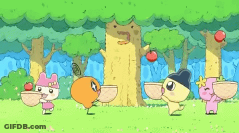 Cartoon Characters Standing Around Tree Holding Bowls Of Food GIF