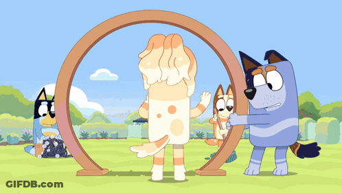 Cartoon Characters Standing Around Wooden Arch GIF