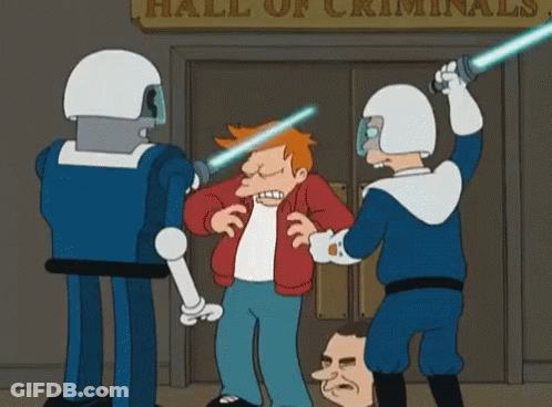Cartoon Characters Standing At Hall Of Criminals GIF