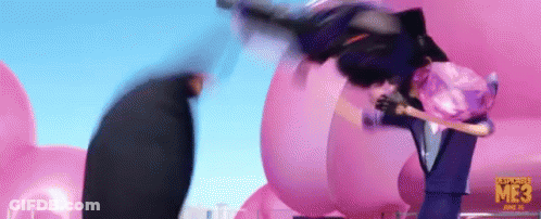 Cartoon Characters Standing Beside Pink Balloon GIF