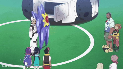 Cartoon Characters Standing In Circle In Front Of Blue And White Object GIF