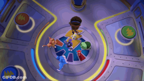 Cartoon Characters Standing In Circle Surrounded By Buttons Saying X GIF