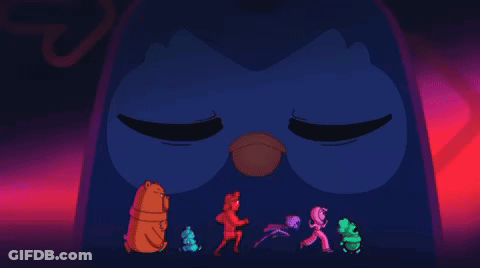 Cartoon Characters Standing In Front Of Giant Purple Bird GIF