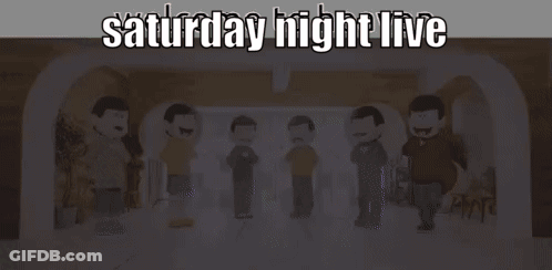 Cartoon Characters Standing In Front Of Saturday Night Live Sign GIF