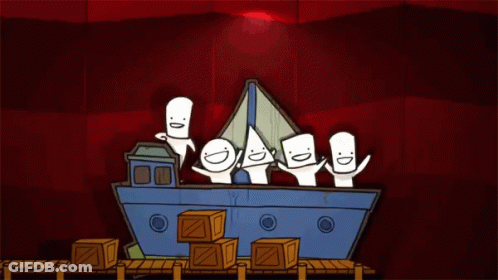 Cartoon Characters Standing In Front Of Ship GIF