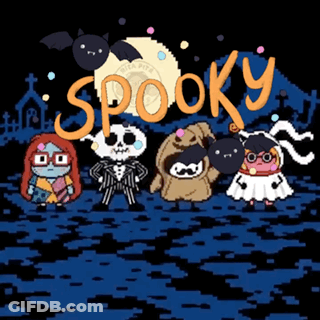 Cartoon Characters Standing In Front Of Spooky Sign GIF
