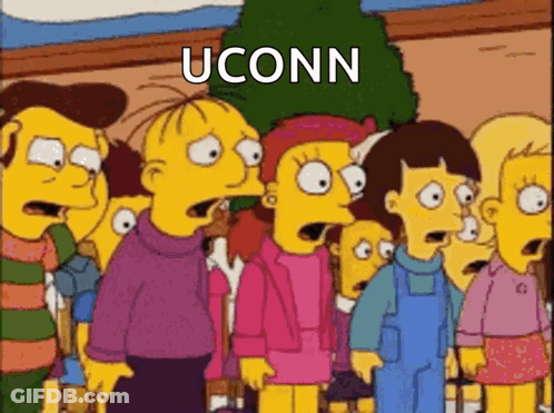 Cartoon Characters Standing In Front Of UConn Sign GIF