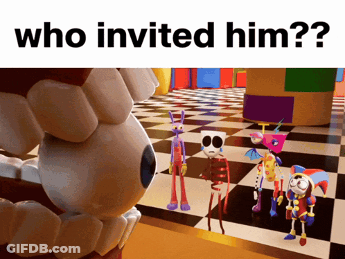 Cartoon Characters Standing In Room Saying Who Invited Him GIF