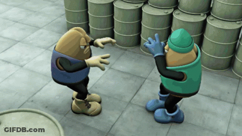 Cartoon Characters Standing Next To Barrels GIF