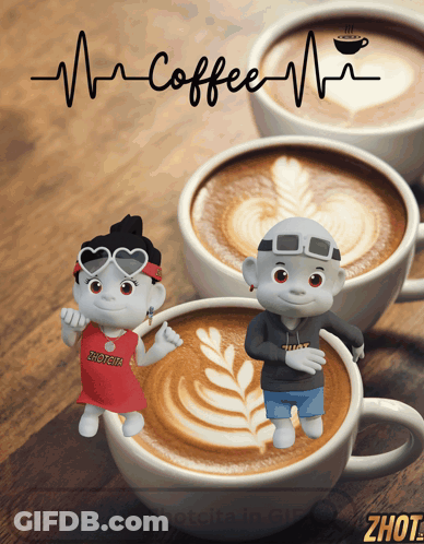Cartoon Characters Standing Next To Cup Of Coffee Saying Coffee GIF