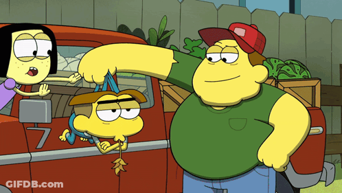 Cartoon Characters Standing Next To Red Truck With Number 7 GIF