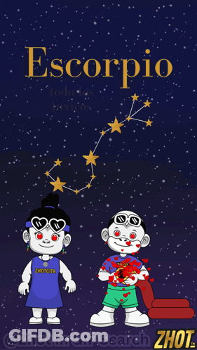 Cartoon Characters Standing Next To Scorpio Constellation GIF