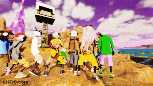 Cartoon Characters Standing On Rock In Front Of Sign Saying A GIF
