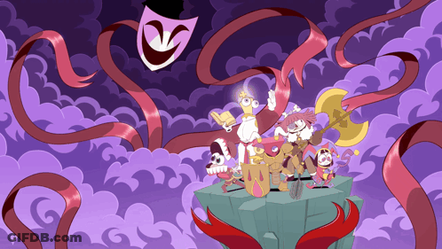 Cartoon Characters Standing On Rock Purple Background GIF