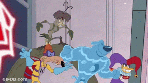 Cartoon Characters Standing Together In A Room GIF