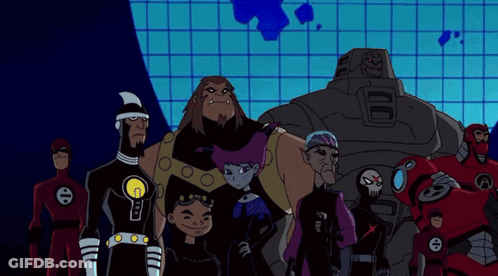 Cartoon Characters Standing Together One With Letter G On Shirt GIF