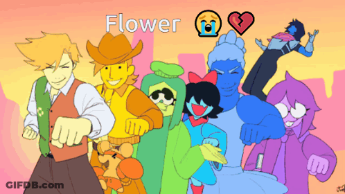 Cartoon Characters Standing Together With Word Flower GIF