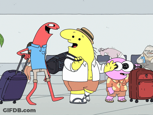 Cartoon Characters Standing With Luggage GIF