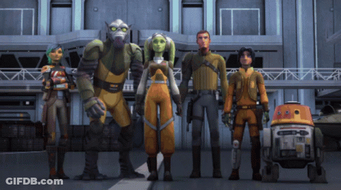 Cartoon Characters Standing With Robot GIF