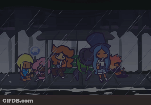 Cartoon Characters Under Bus Stop In Rain GIF