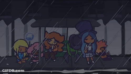 Cartoon Characters Under Bus Stop Shelter In Rain GIF
