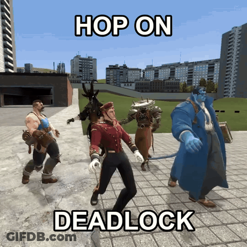 Cartoon Characters Walking Down Sidewalk Hop On Deadlock GIF
