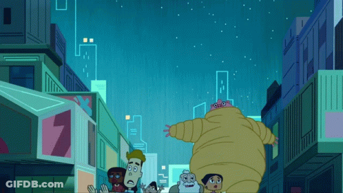 Cartoon Characters Walking Down Street With Number 7 GIF