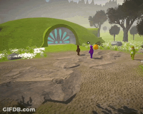Cartoon Characters Walking In Front Of Green Building GIF