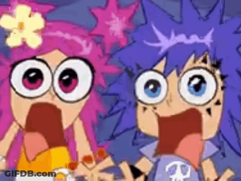 Cartoon Characters With Big Eyes Standing Together GIF