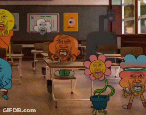 Cartoon Characters With Faces On Desks GIF