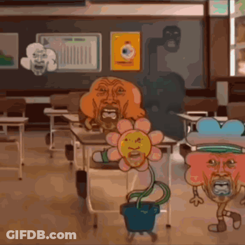Cartoon Characters With Faces On Faces In Classroom GIF