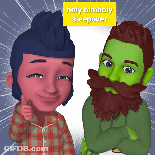 Cartoon Characters With Holy Bimboly Sleepover Sign GIF