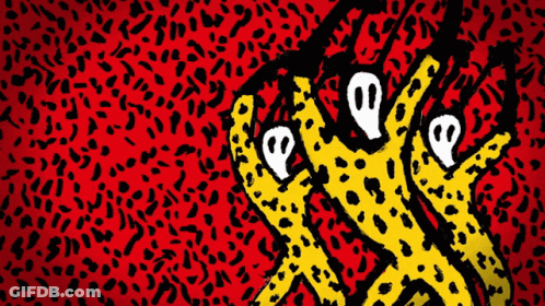 Cartoon Cheetah With Ghosts In Its Eyes On Red Background GIF