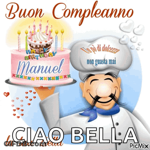 Cartoon Chef Holding Pink Birthday Cake For Manuel GIF