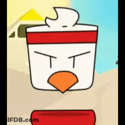 Cartoon Chicken In Red Headband Holding White Cup With Bird GIF