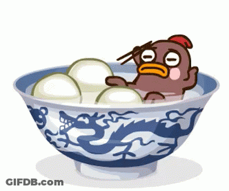 Cartoon Chicken Laying In Bowl Of Food With Chopsticks GIF