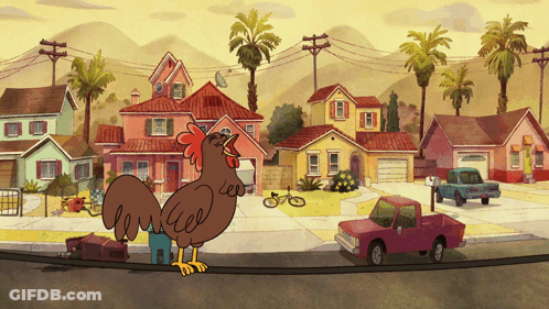 Cartoon Chicken Standing On Road In Front Of Houses GIF