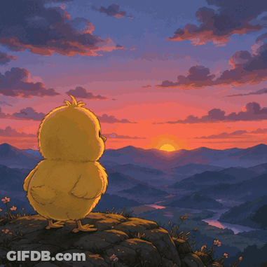 Cartoon Chicken Watching Sunset Over Mountains GIF