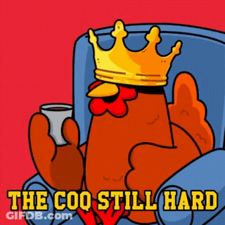 Cartoon Chicken Wearing Crown Holding Coffee GIF