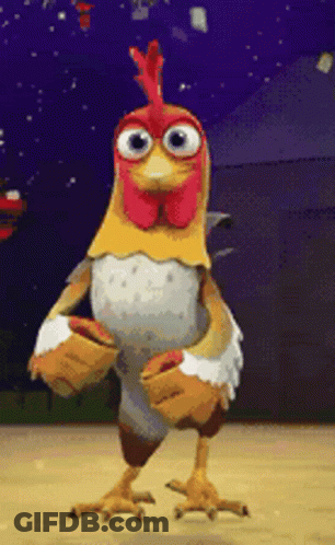 Cartoon Chicken With Big Eyes And Red Crest Standing On Wooden Floor GIF