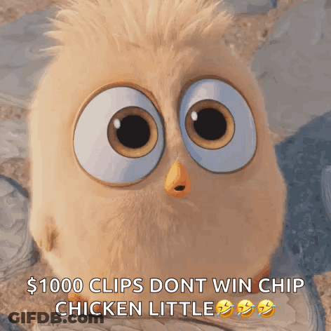 Cartoon Chicken With Big Eyes Says $1000 Clips Dont Win Chip Chicken Little GIF