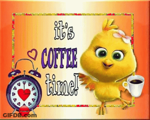Cartoon Chicken With Coffee, Alarm Clock Saying It's Coffee Time GIF