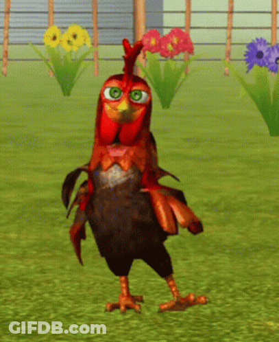 Cartoon Chicken With Green Eyes In Grassy Field GIF