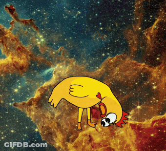 Cartoon Chicken With Red Crest In Front Of Galaxy GIF