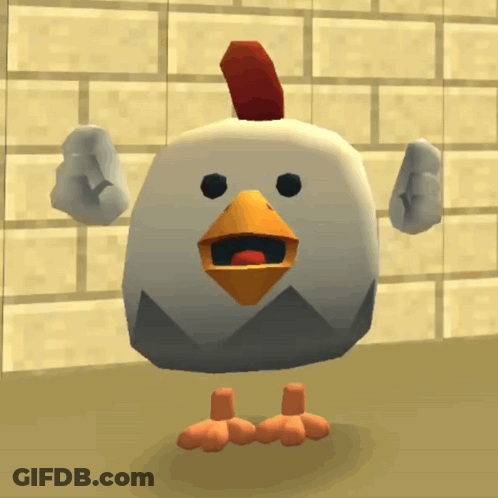 Cartoon Chicken With Red Feather In Front Of Brick Wall GIF