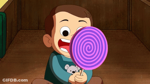 Cartoon Child Holding Pink And Purple Lollipop GIF