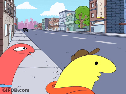 Cartoon City Street With Yellow Sign Saying Ojo GIF