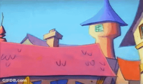 Cartoon City With Trumpet On Roof GIF